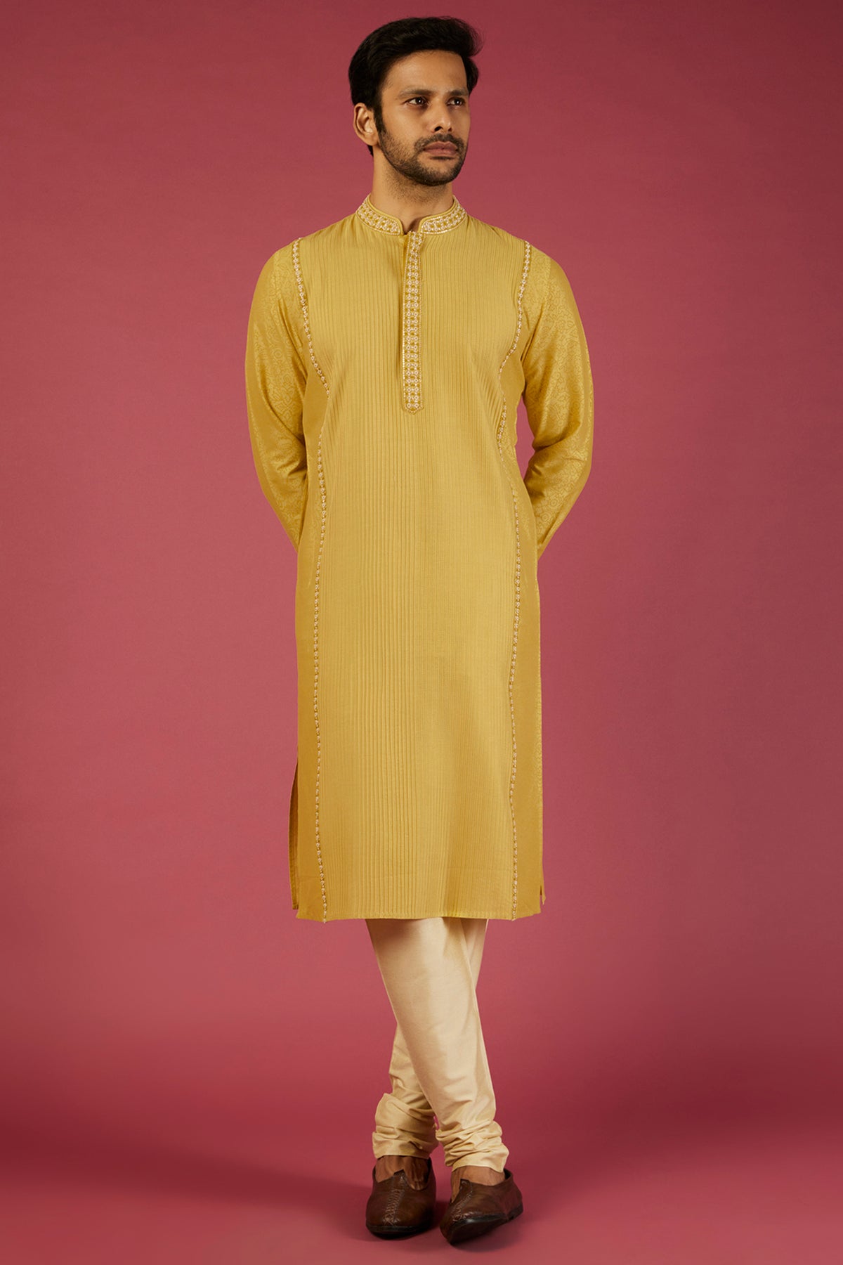 Yellow Tussar Printed & Embroidered Kurta Set