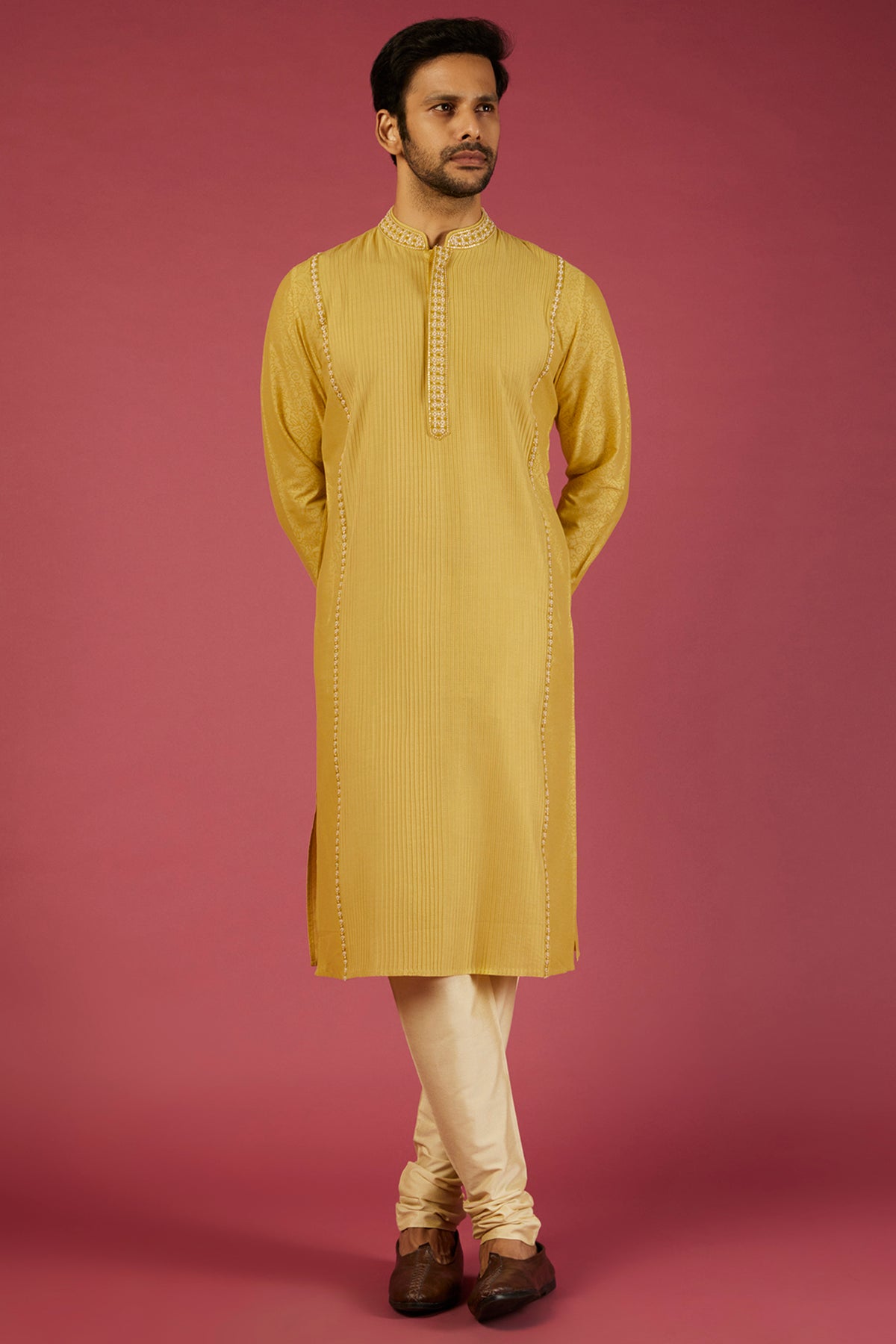 Yellow Printed & embroidered stripes Kurta set