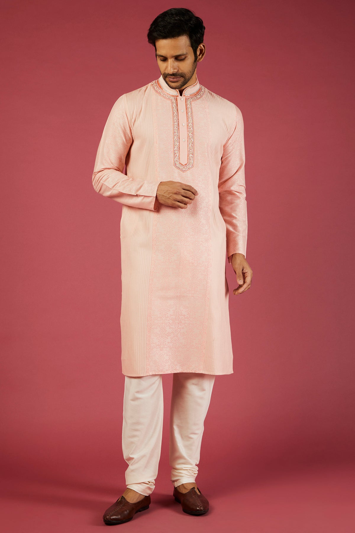 Peach Tussar Floral Printed & Embroidered Kurta Set