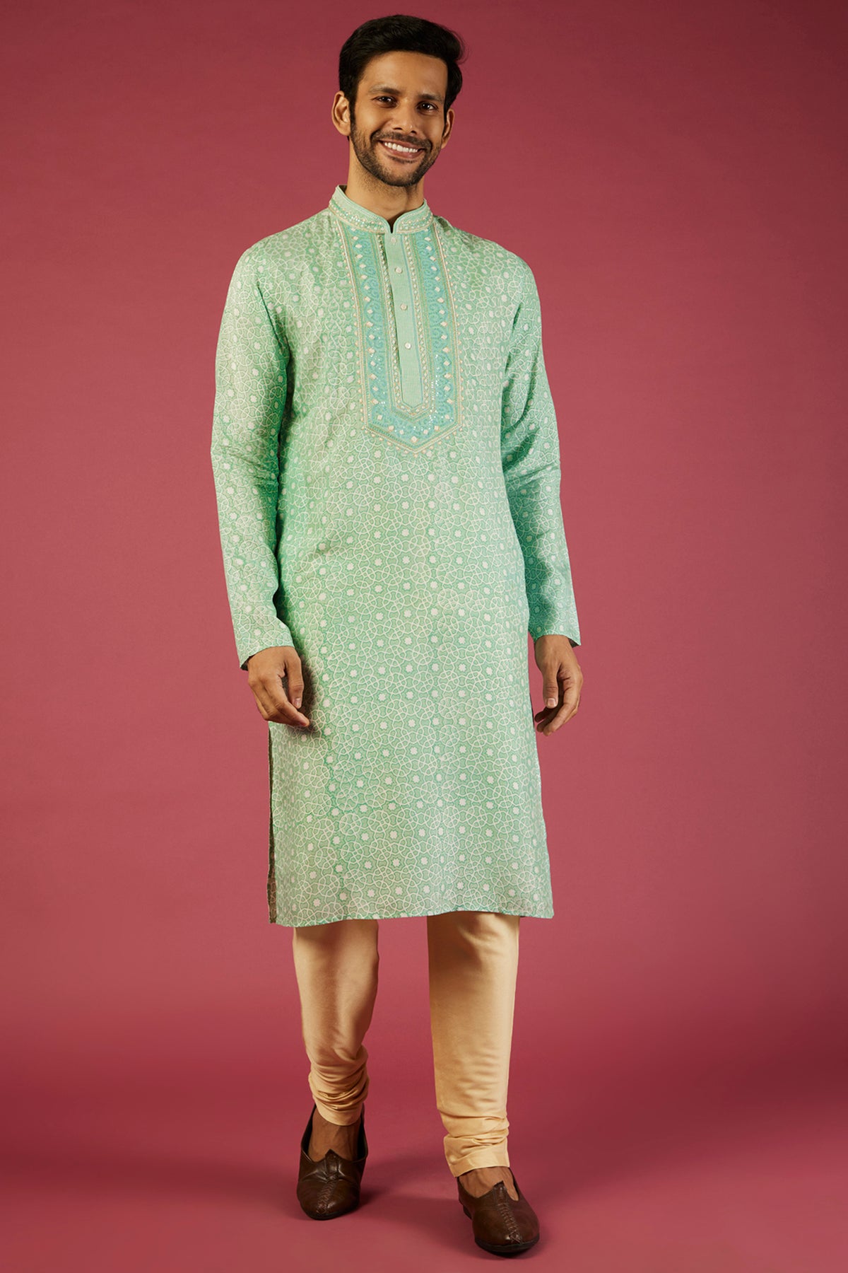 Green Block printed Kurta set