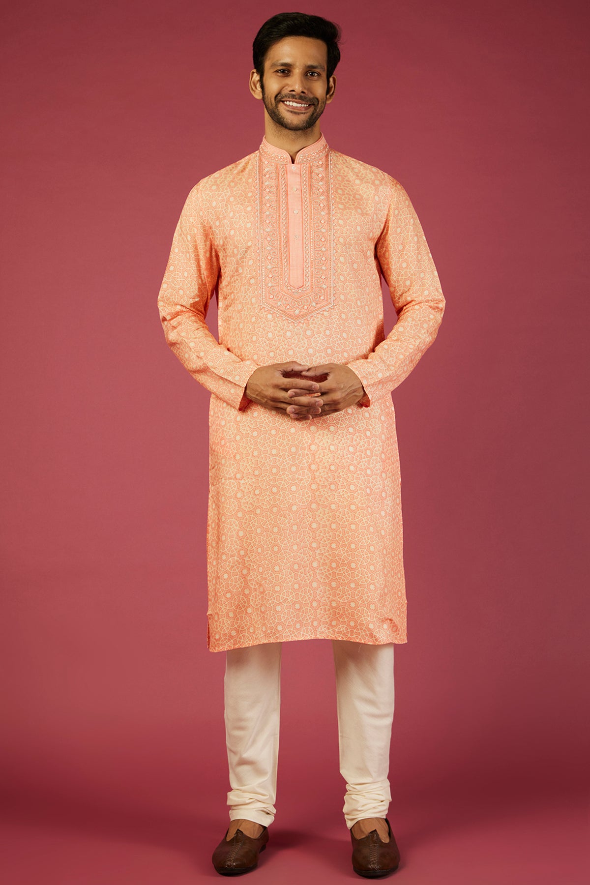 Peach Tussar Block Printed & Embroidered Kurta Set
