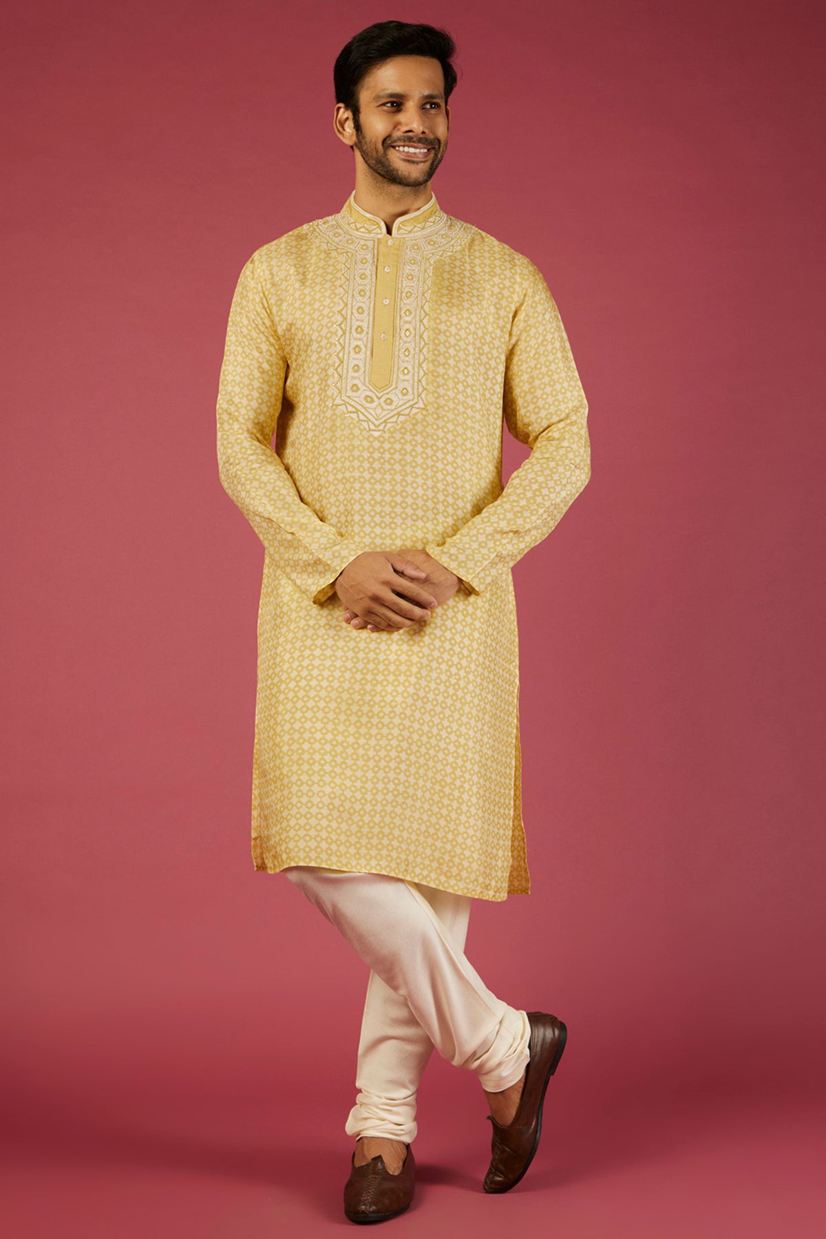 Yellow Tussar Patch Work & Printed Kurta Set