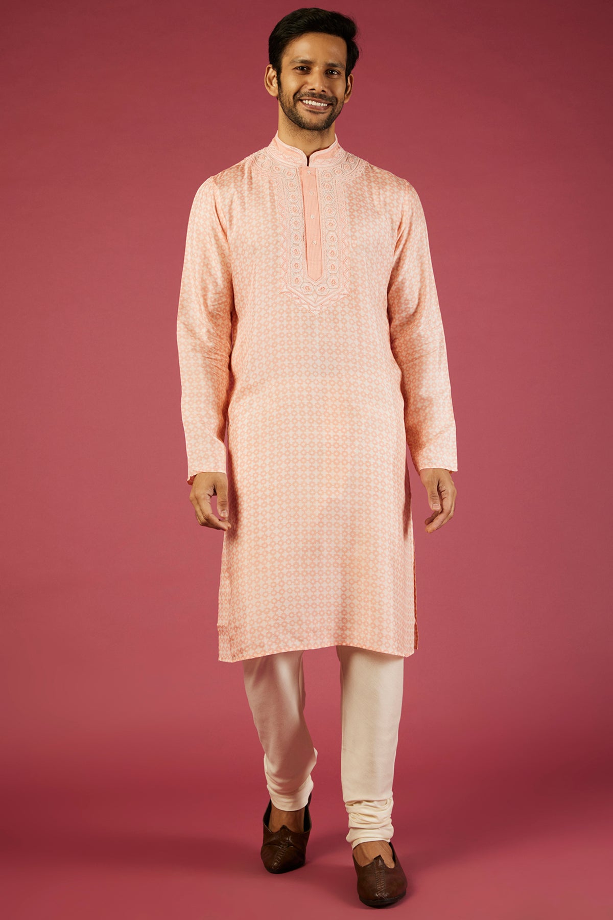 Peach Tussar Printed & Embroidered Kurta Set