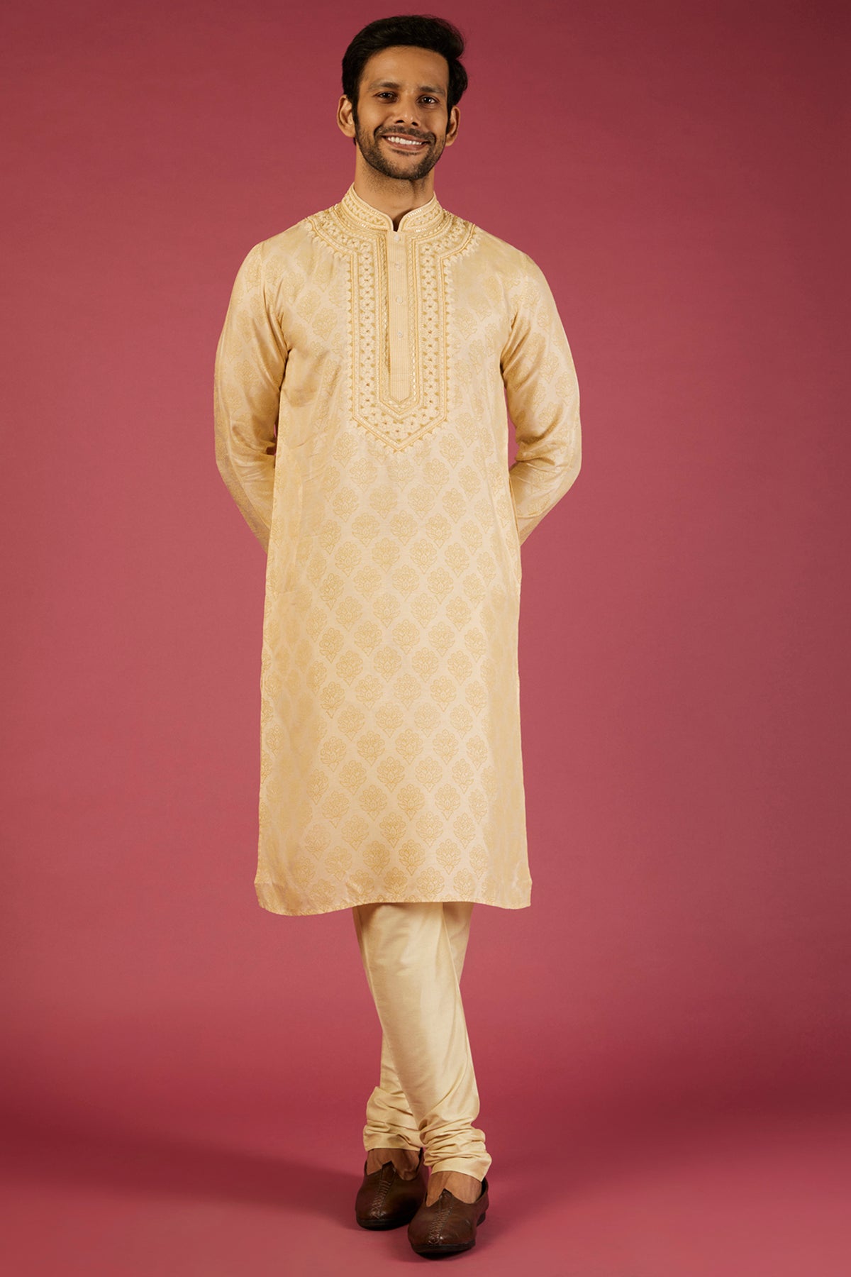 Yellow Tussar Printed & Embroidered Kurta Set