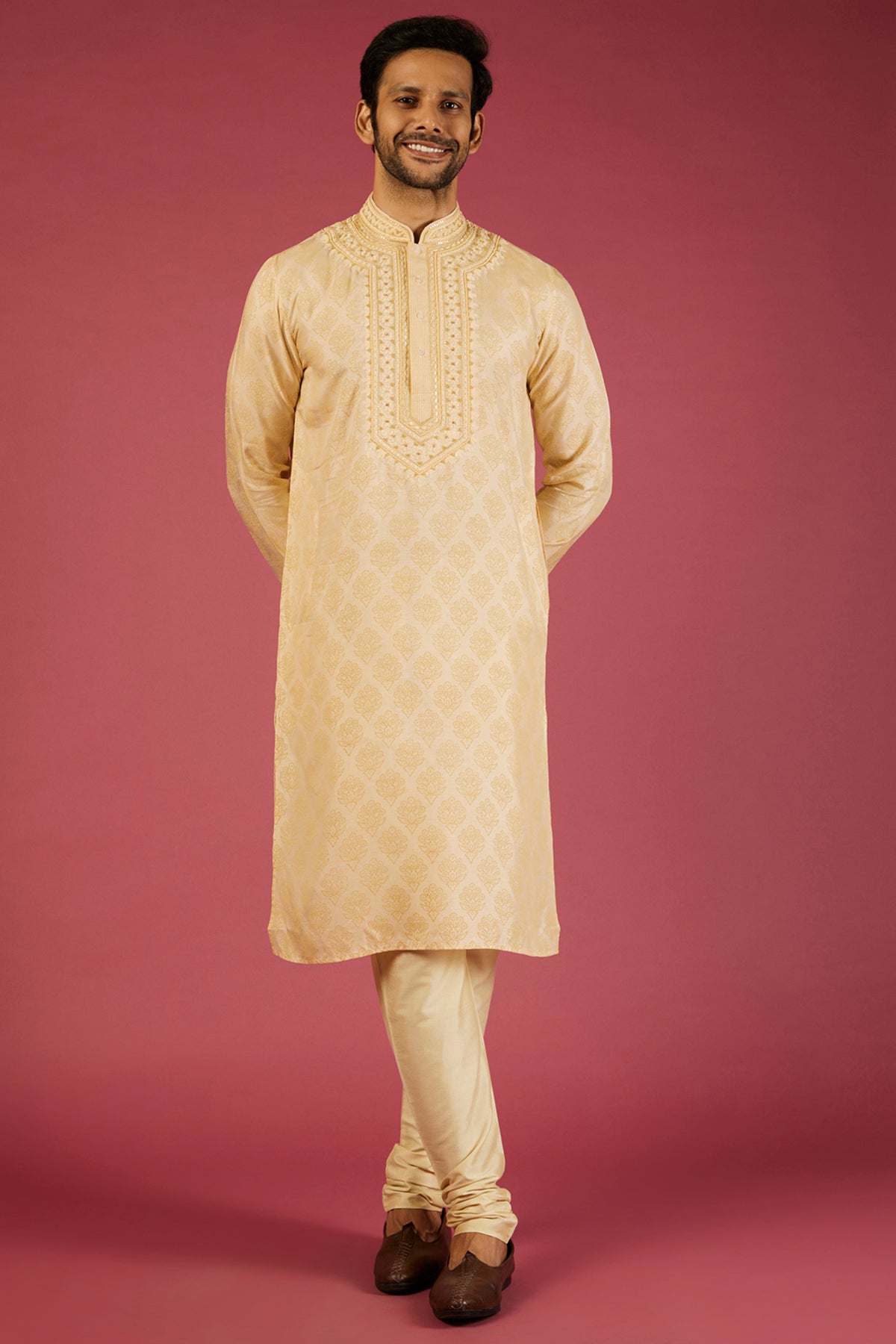 Yellow Tussar Block Printed Kurta Set