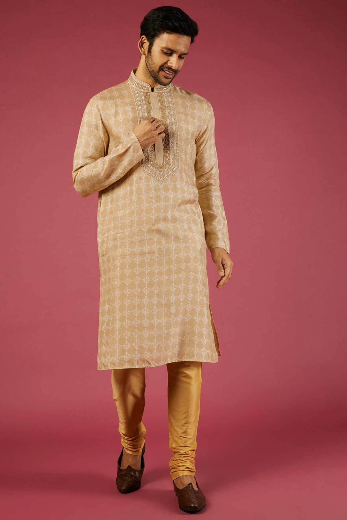 Beige Tussar Floral Printed & Embroidered Kurta Set