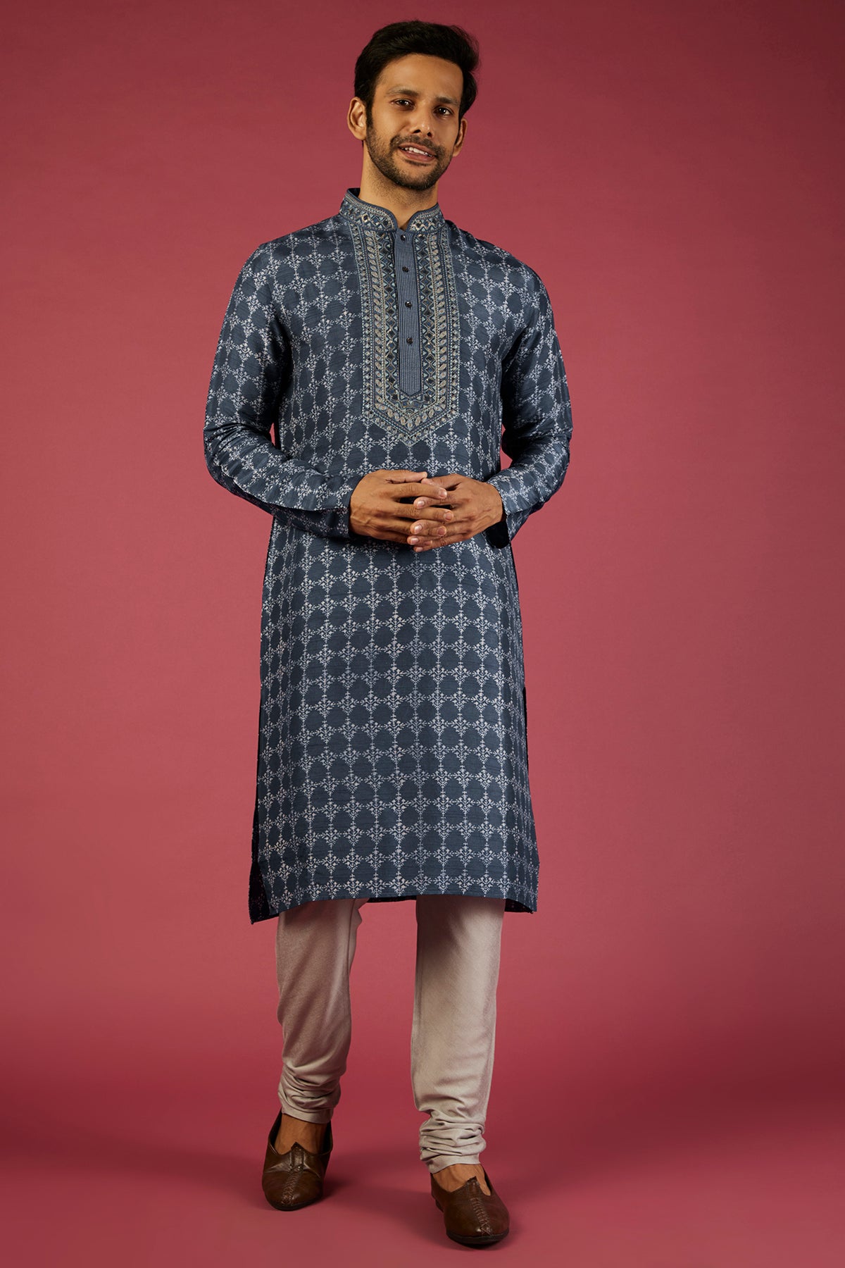 Navy Blue Printed & Embroidered Kurta Set