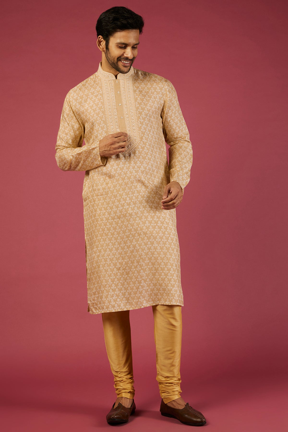 Beige Tussar Floral Printed & Embroidered Kurta Set