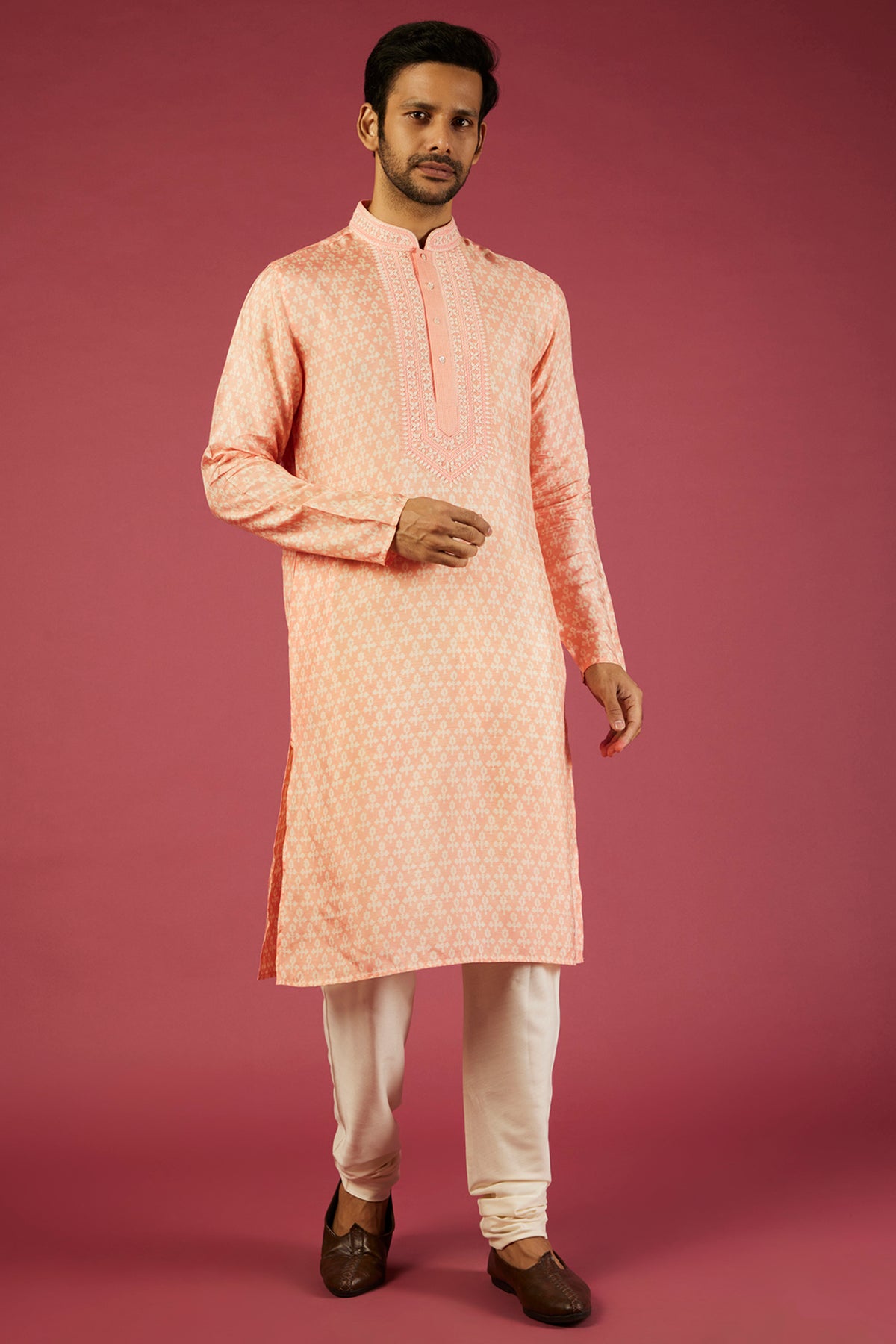 Peach Tussar Floral Block Printed & Embroidered Kurta Set