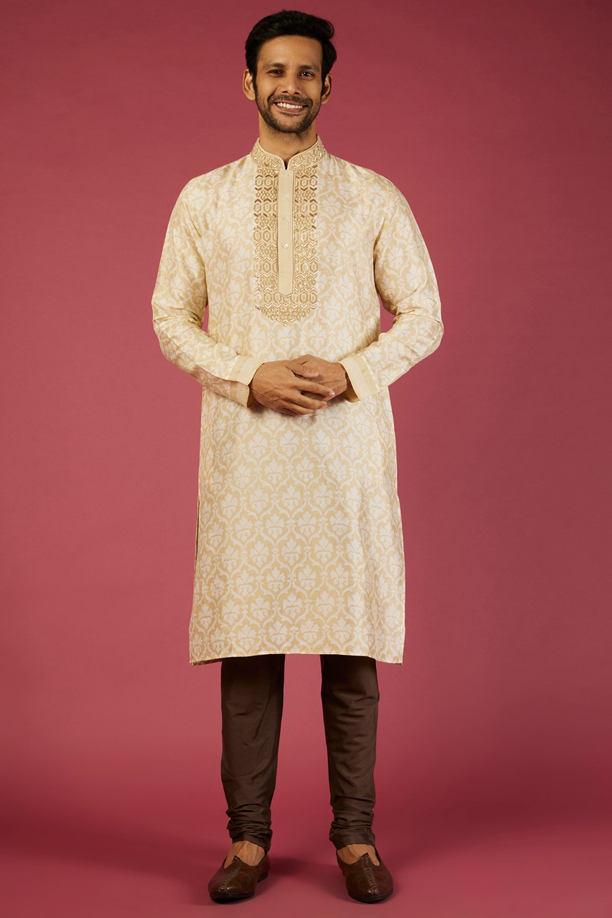Beige Tussar Floral Block Printed & Zardosi Embroidered Kurta Set