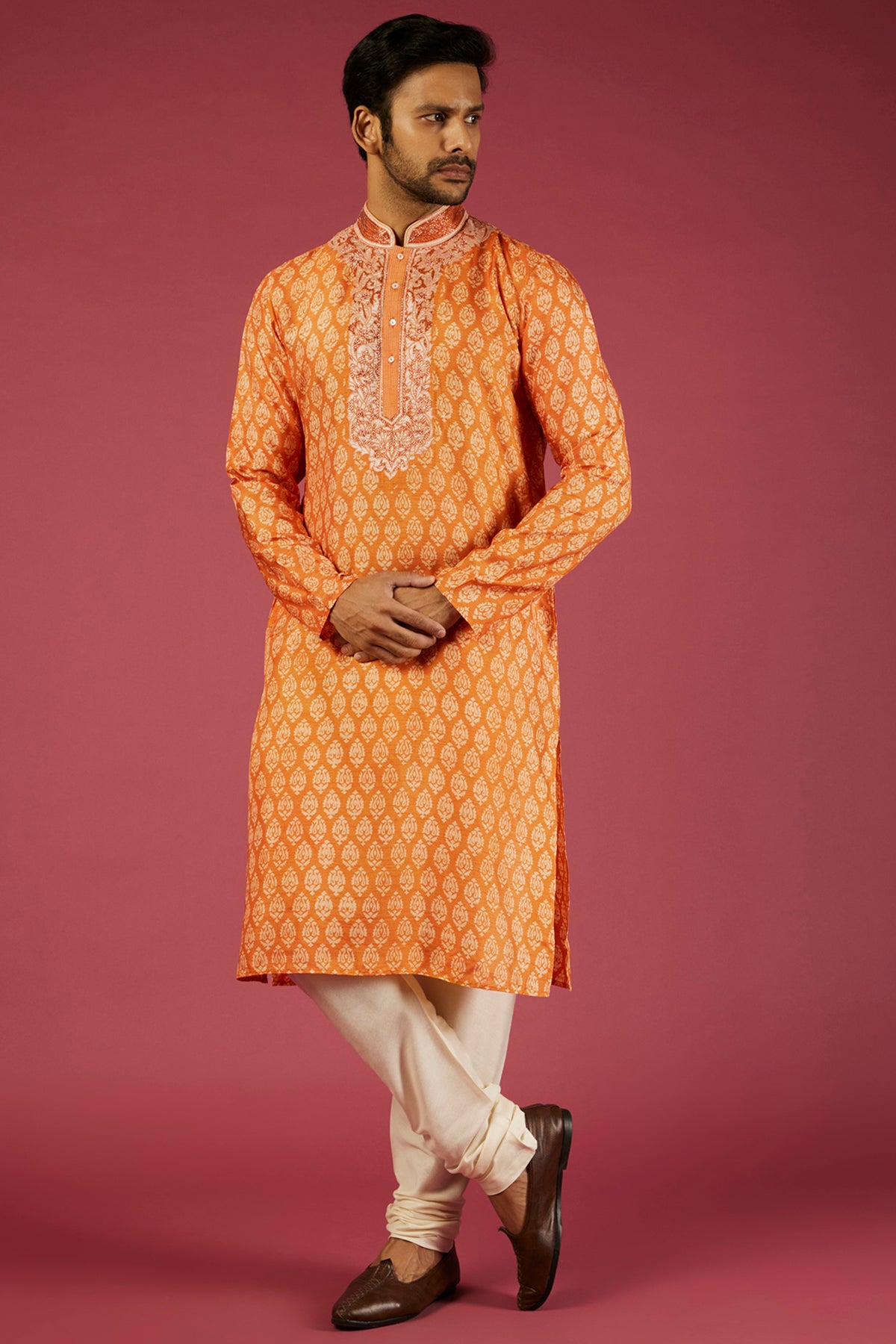 Orange Tussar Block Printed Kurta Set