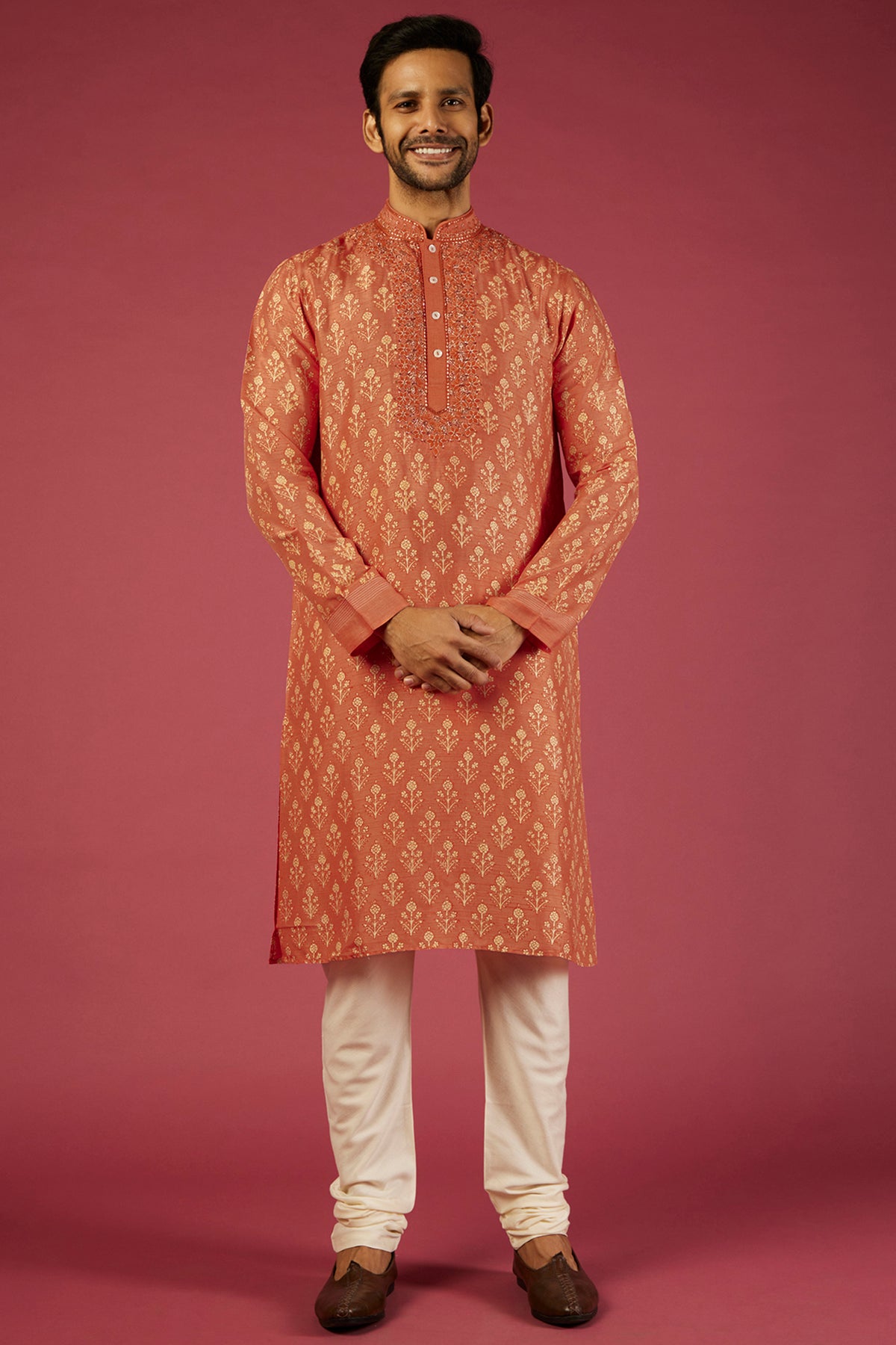 Orange Tussar Floral Block Printed Kurta Set
