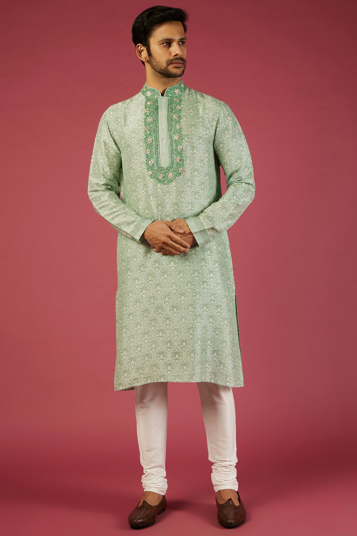 Green Tussar Floral Printed & Embroidered Kurta Set