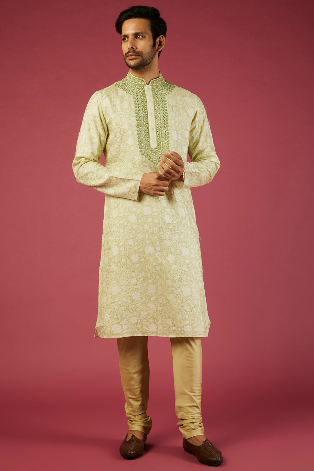 Light Green Tussar Cord & Mirror Embroidered Kurta Set