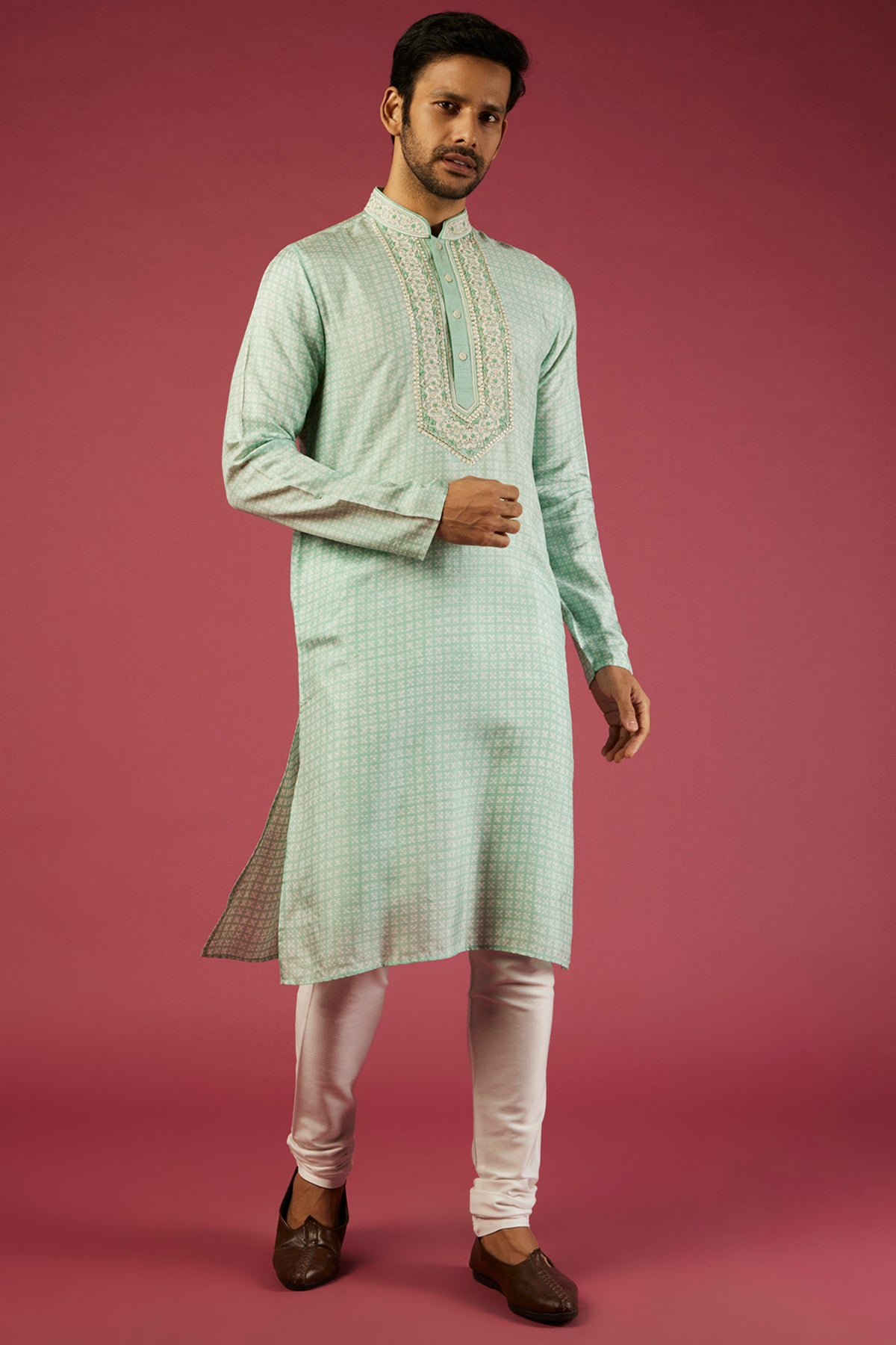 Green Tussar Embroidered & Printed Kurta Set