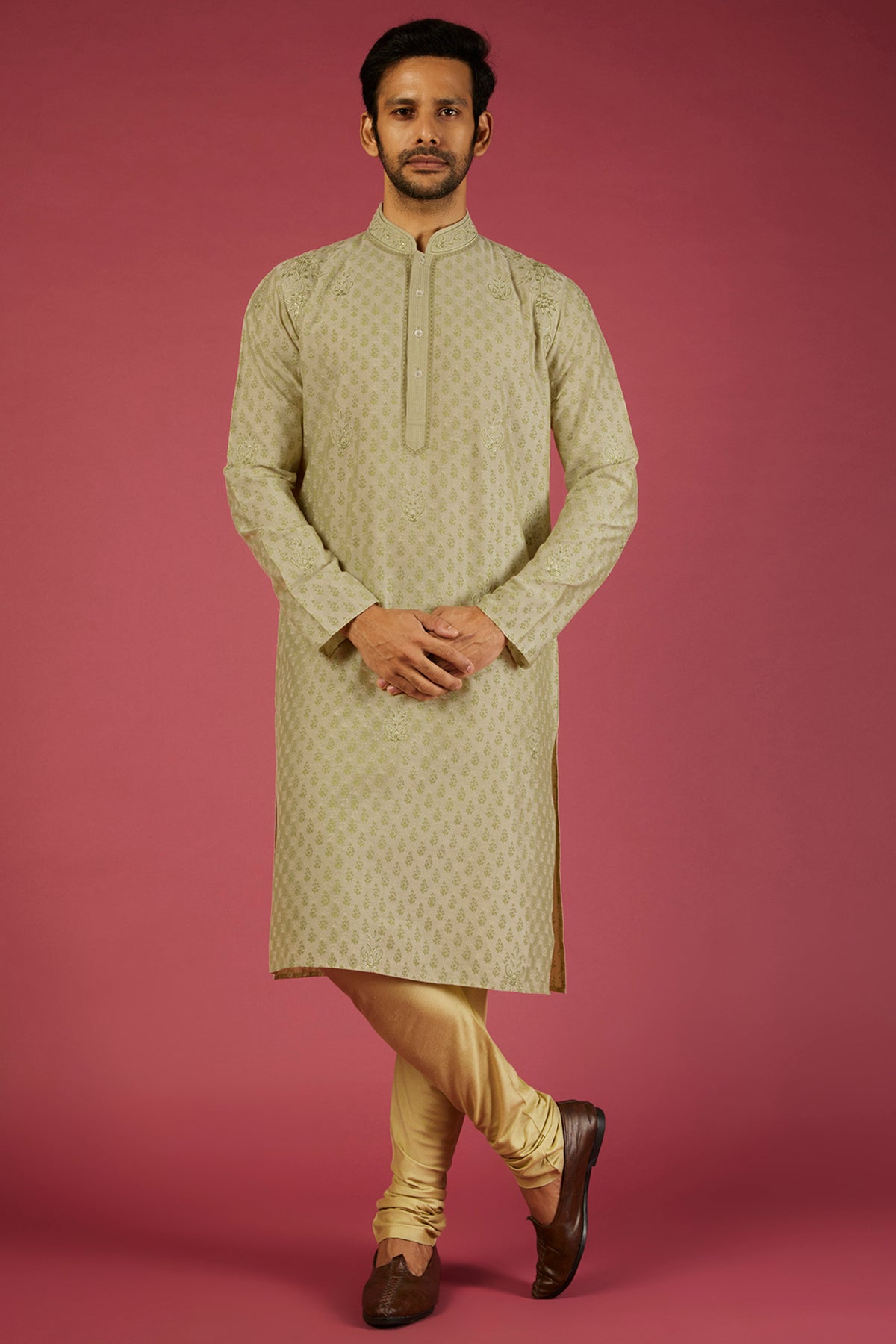 Pista Green Tussar Geometric Block Printed & Embroidered Kurta Set