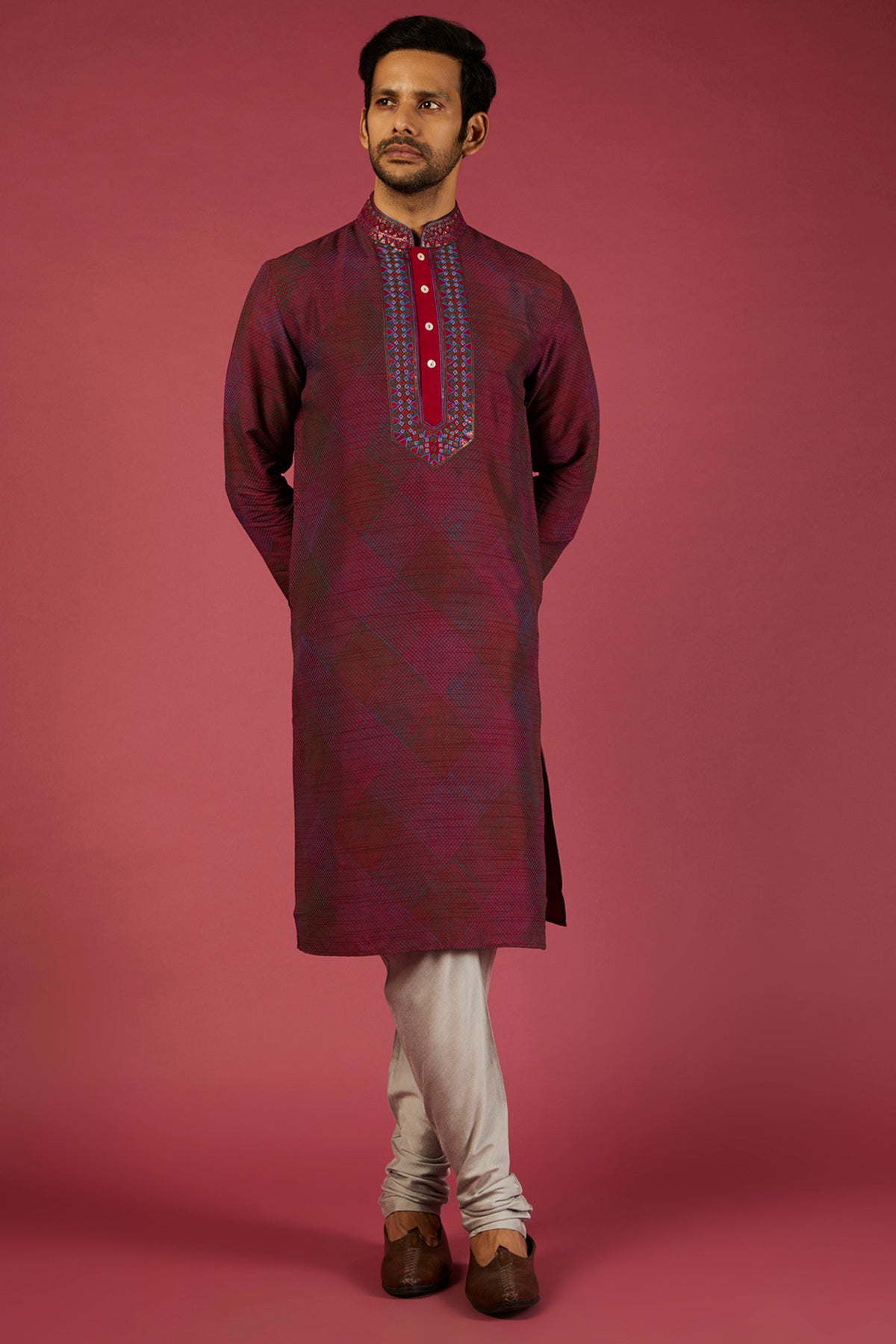 Maroon Checkered Print Kurta Set