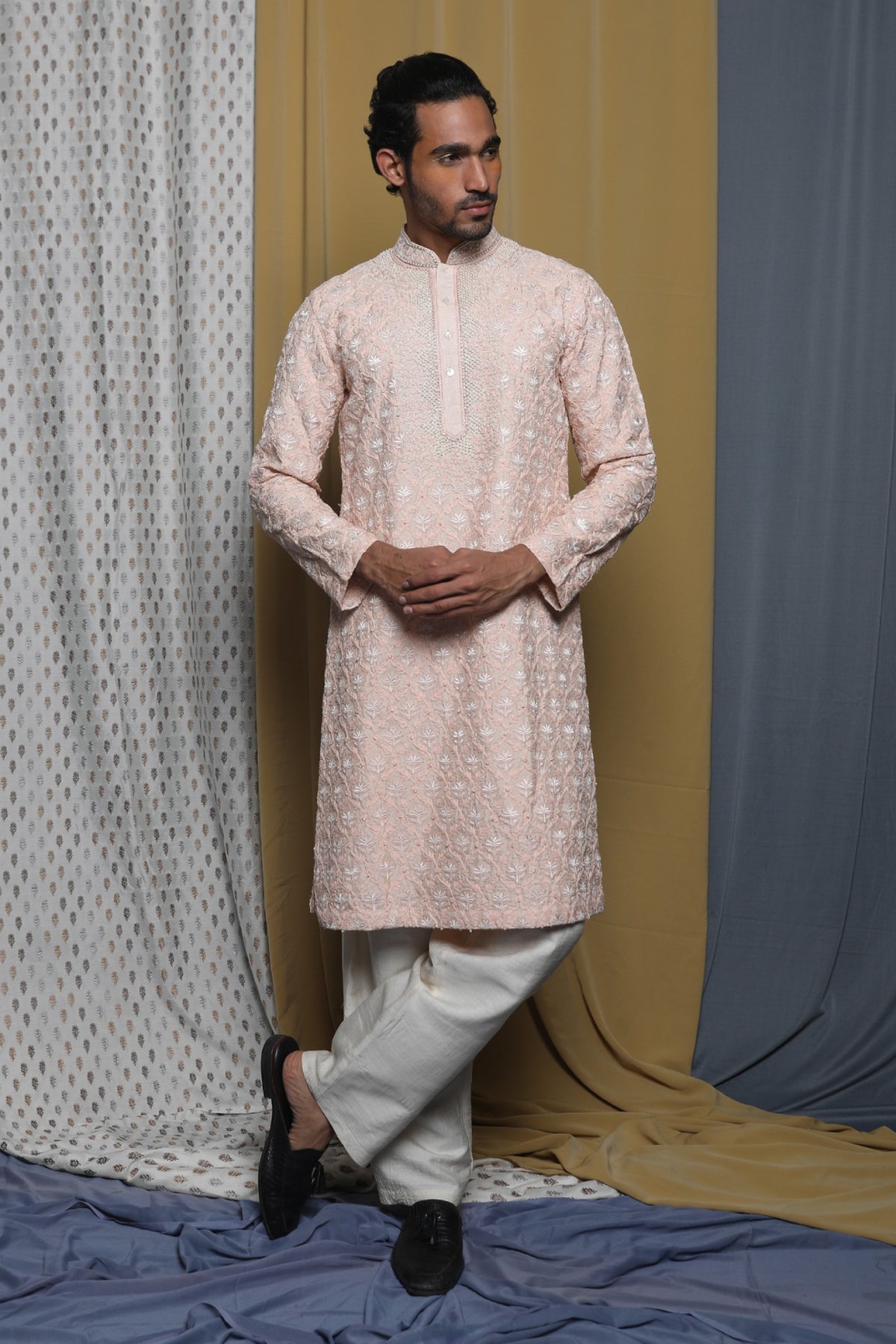 Peach Tussar Zardosi Hand Embroidered Kurta Set
