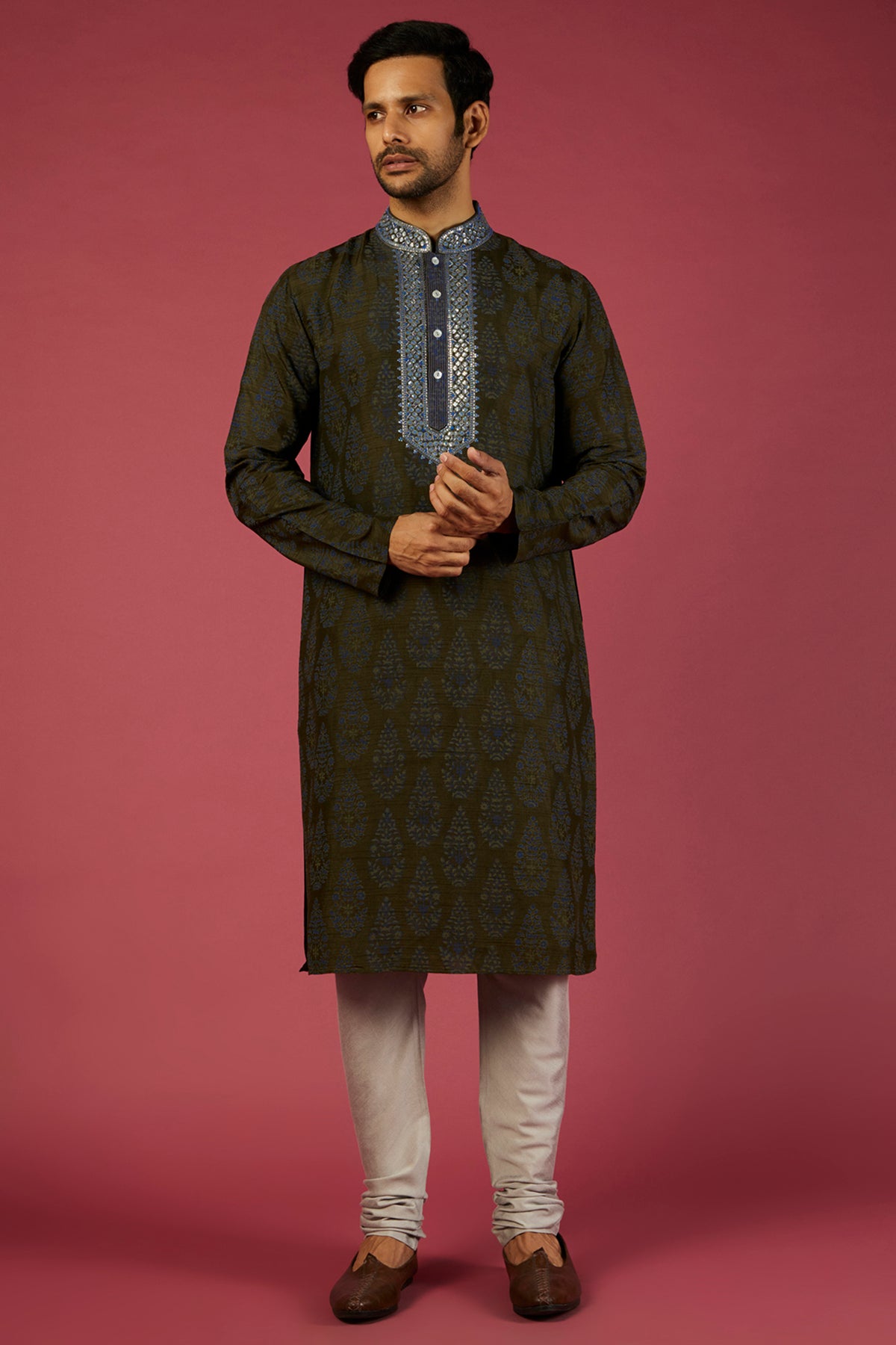 Bottle Green Tussar Floral Printed & Mirror Embroidered Kurta Set