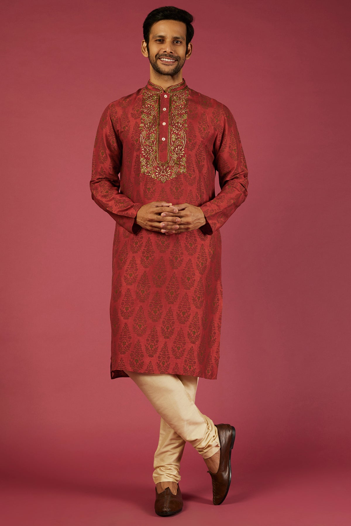Rust Tussar Floral Block Printed Kurta Set