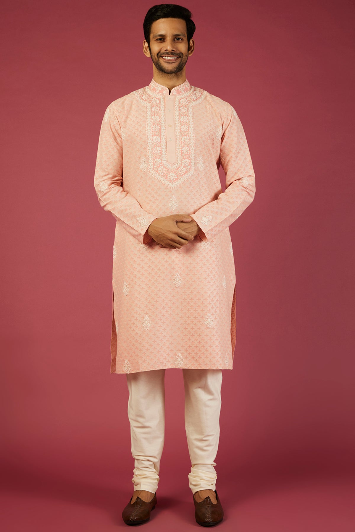 Peach Tussar Floral Printed & Thread Embroidered Kurta Set