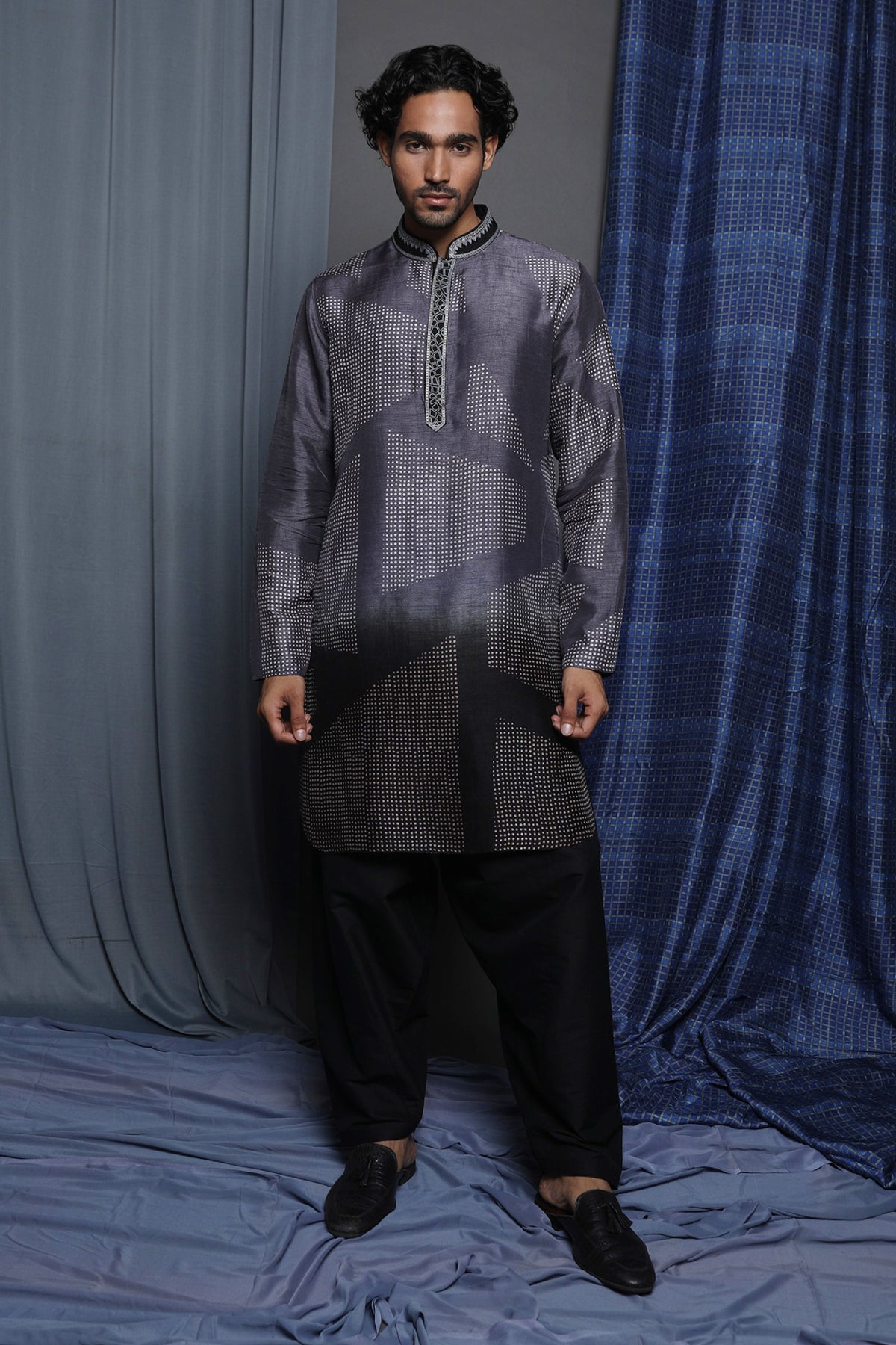 Black & Grey Tussar Printed & Embroidered Kurta