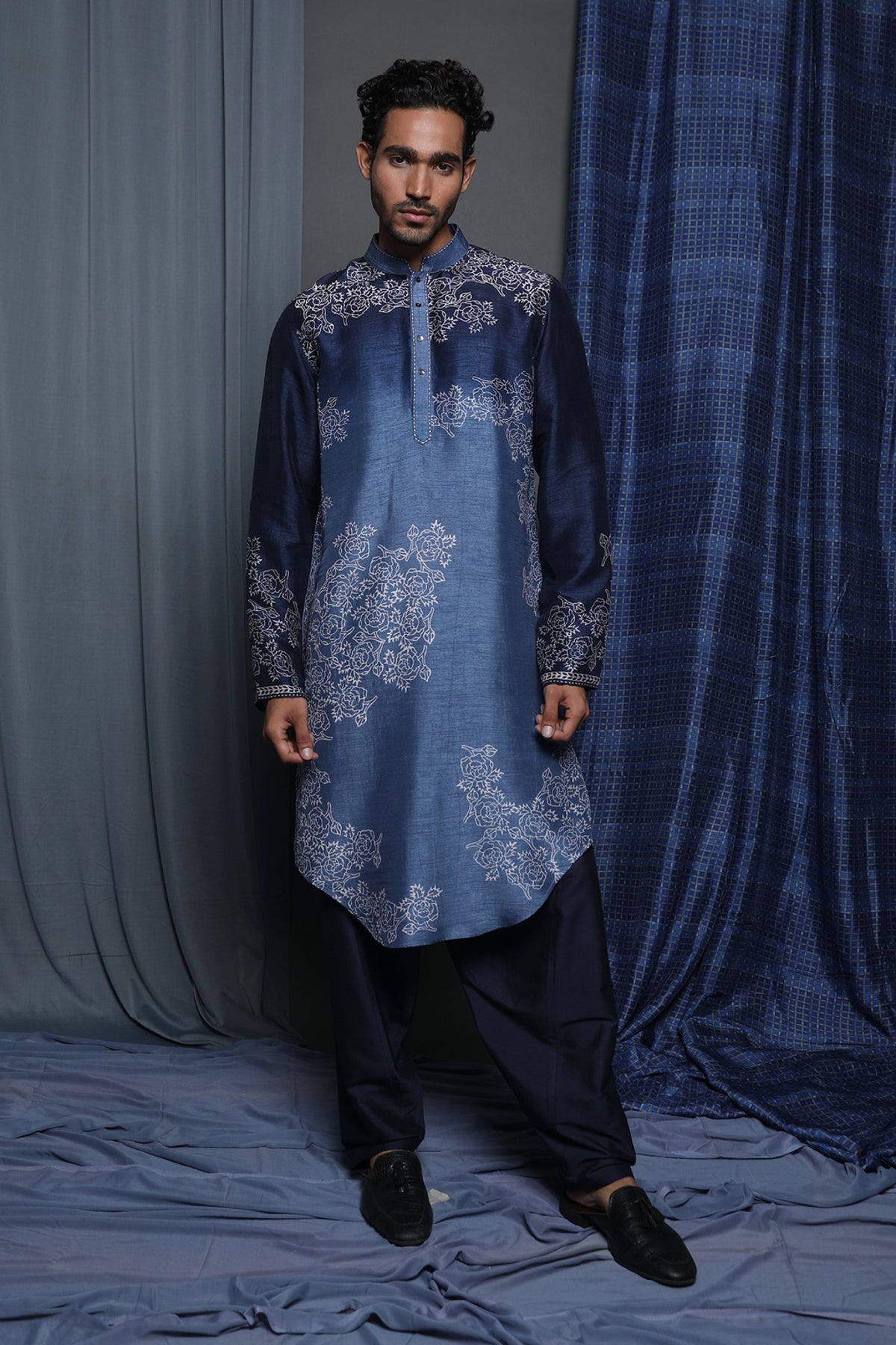 Blue Tussar Printed Kurta