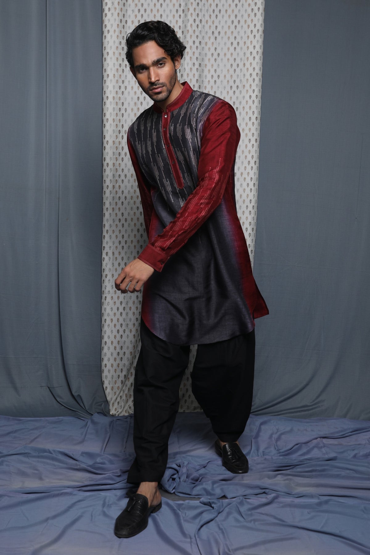 Maroon & Grey Tussar Printed Kurta
