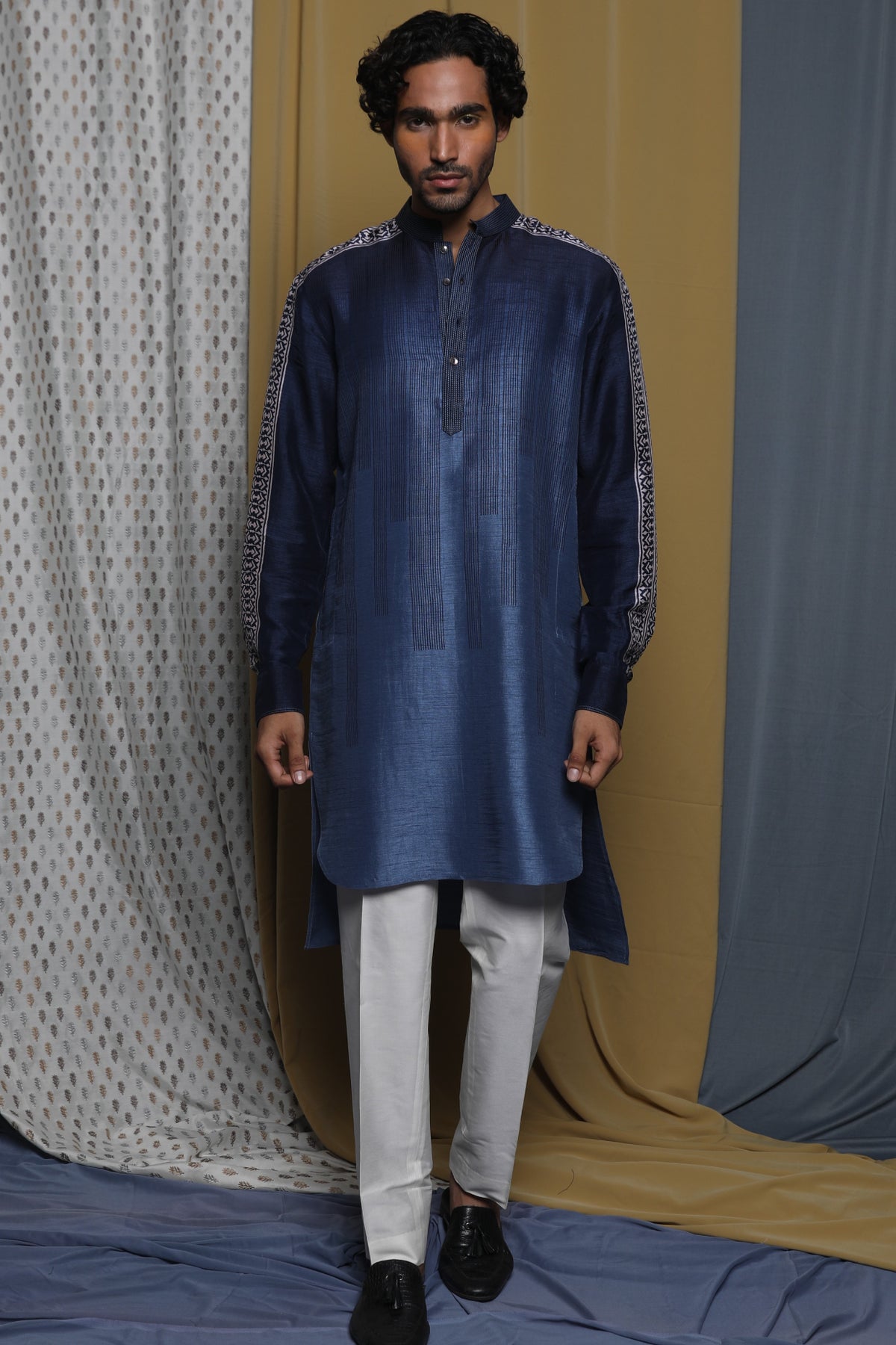 Navy Blue Viscose Cotton Embroidered Kurta Set