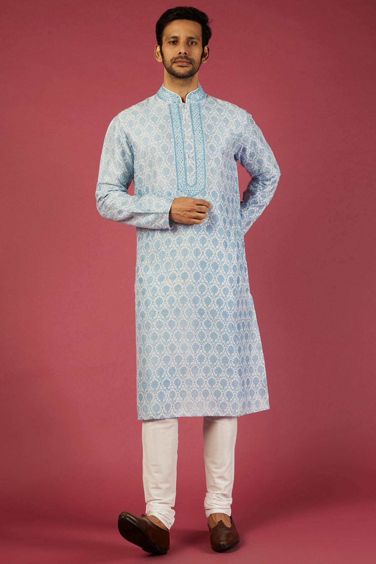 Sky blue Printed & embroidered stripes Kurta set