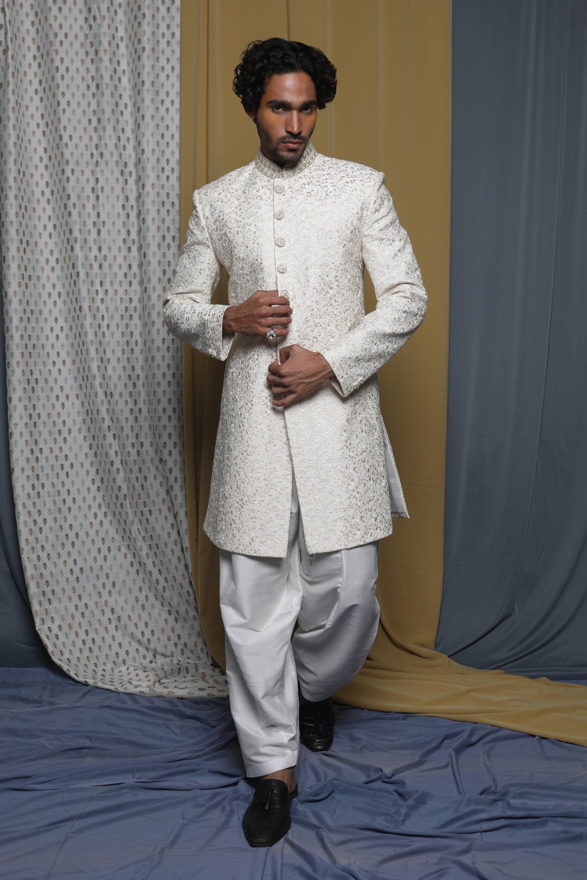 White Tussar Hand Embroidered Indo-Western Set