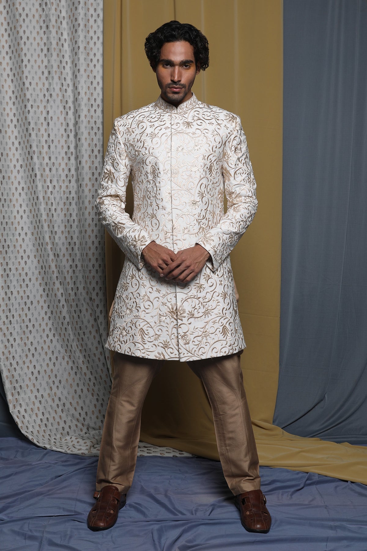 Off-white embroidered short sherwani set