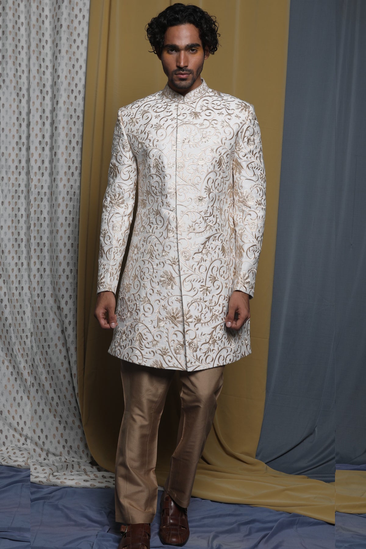 Off-White Viscose Embroidered Sherwani Set