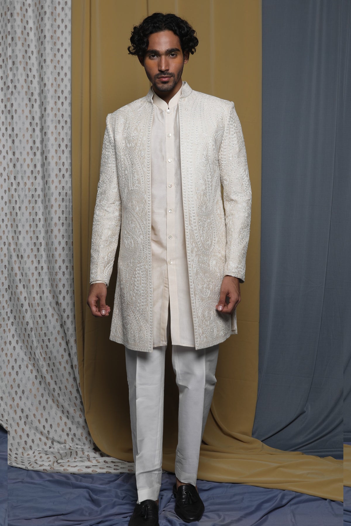 Cream embroidered open sherwani set