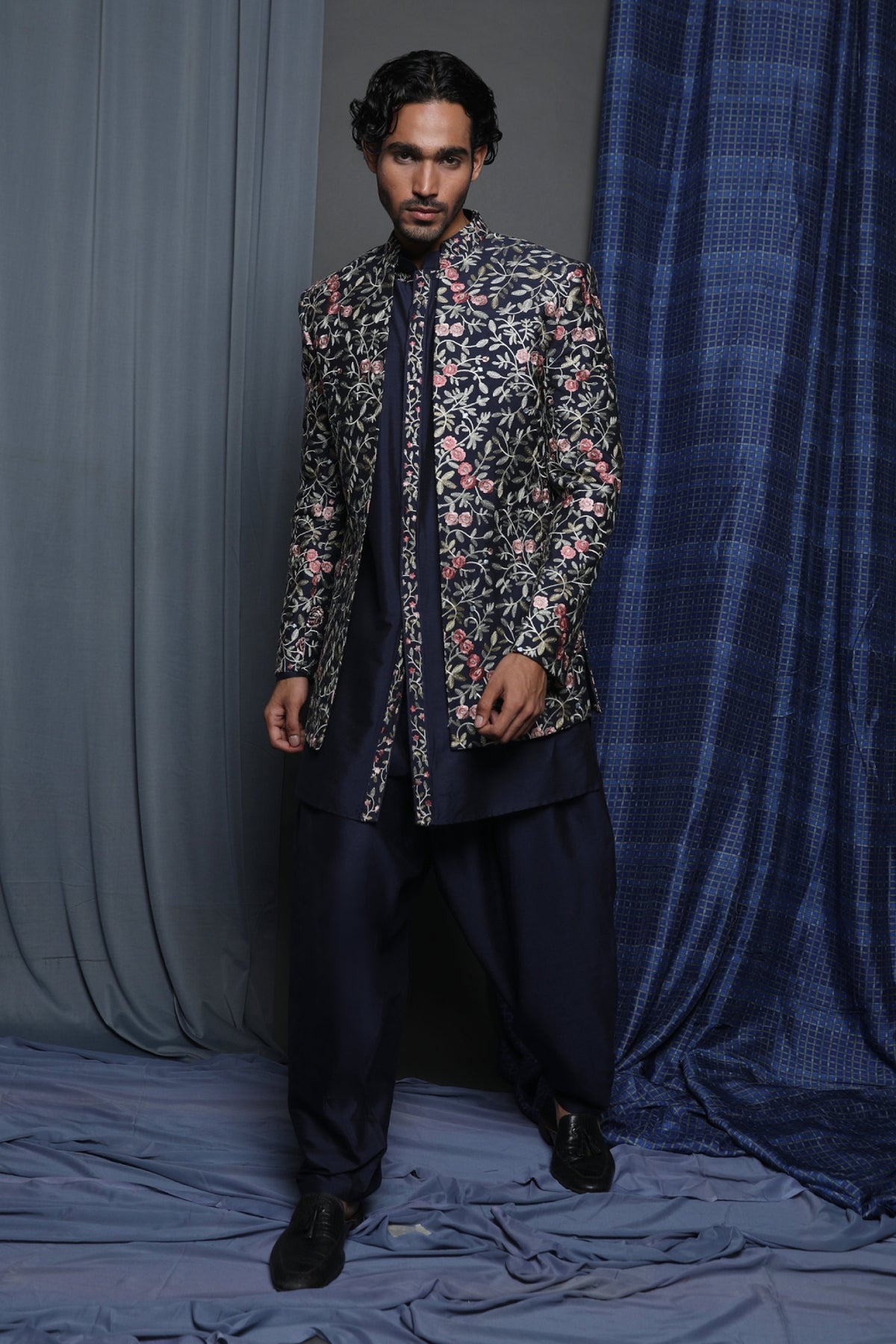 Black Cotton Viscose Embroidered Indowestern Set