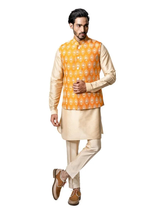 Orange Tussar Embroidered & Block Printed Bundi Jacket
