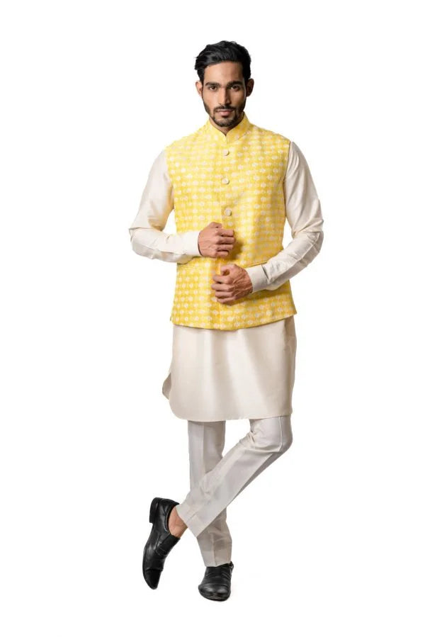 Bright Yellow Tussar Embroidered & Block Printed Bundi Jacket