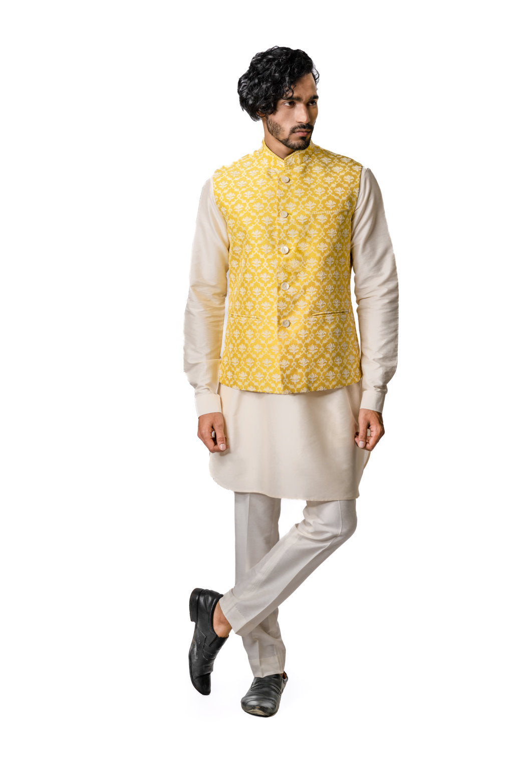 Yellow Tussar Embroidered & Block Printed Bundi Jacket