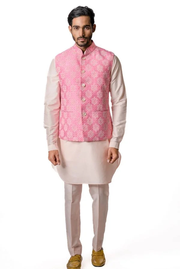 Bright Pink Tussar Printed & Embroidered Bundi Jacket