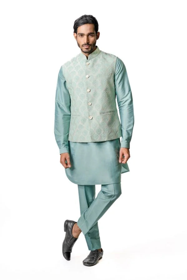 Powder Blue Tussar Embroidered & Block Printed Bundi Jacket