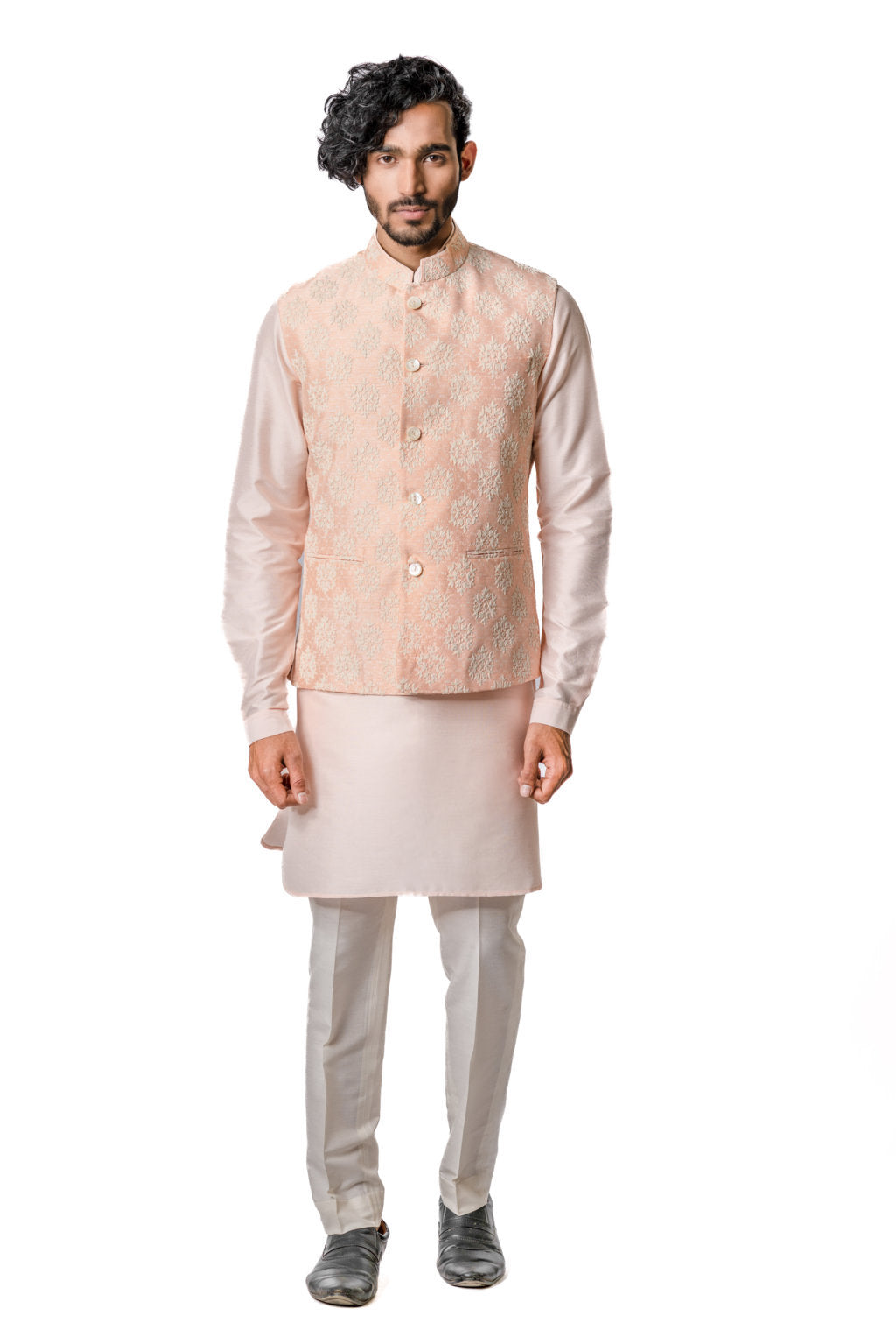 Peach Printed & Embroidered Bundi Jacket