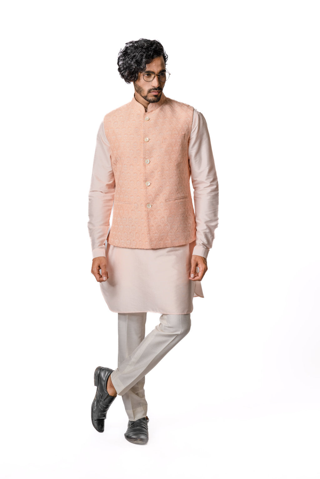 Dull Peach Printed & Embroidered Bundi Jacket