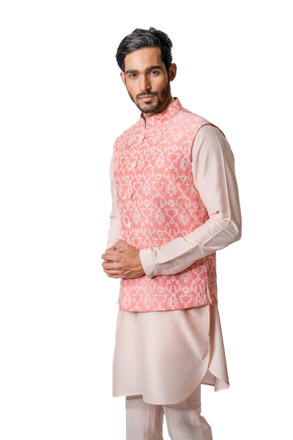 Persian Pink Tussar Print & Embroidered Bundi Jacket