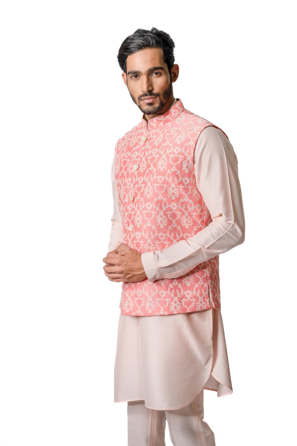 Coral Printed & Embroidered Bundi Jacket Set