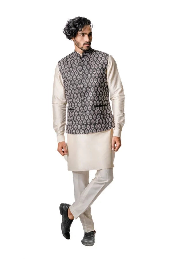 Black Tussar Printed & Embroidered Bundi Jacket