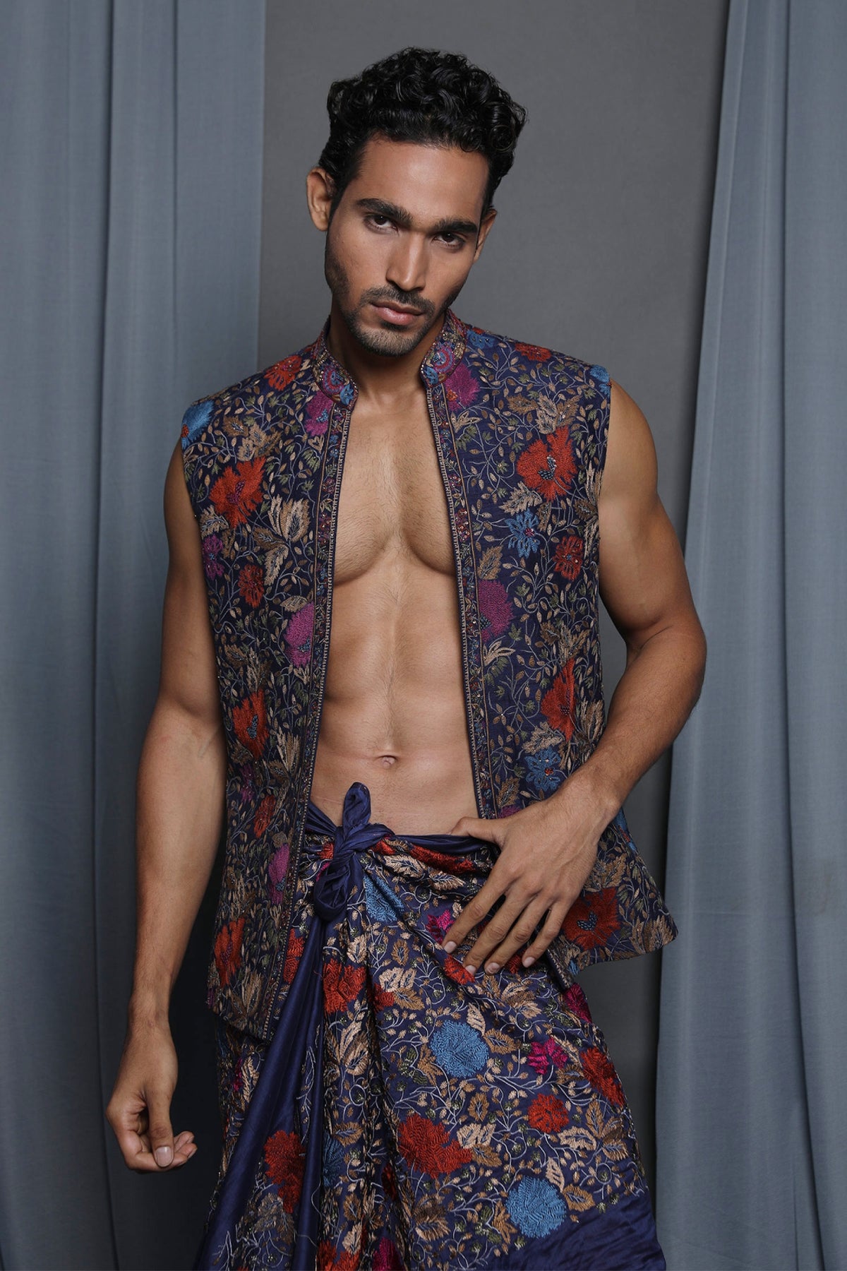 Navy Blue Cotton Viscose Embroidered Indo-Western Jacket