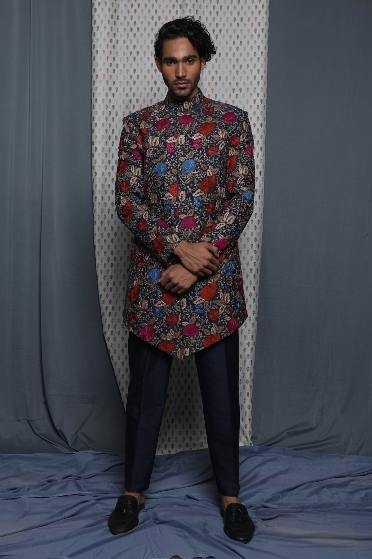 Navy Blue Viscose Embroidered Indowestern Set