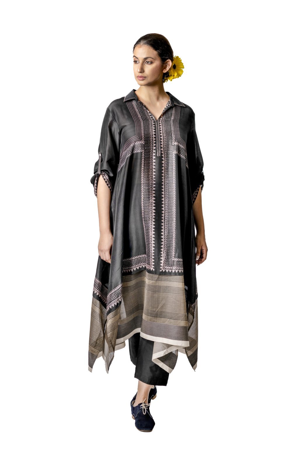 Black Geometric Hand Block Printed Tunic