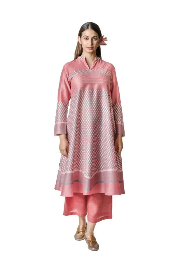 Pink Chanderi Tunic With Geometric Block Printed Motifs