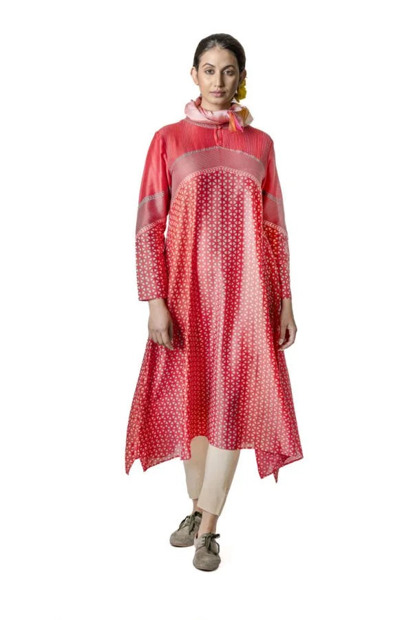 Red Chanderi Tunic With Geometric Block Printed Motifs